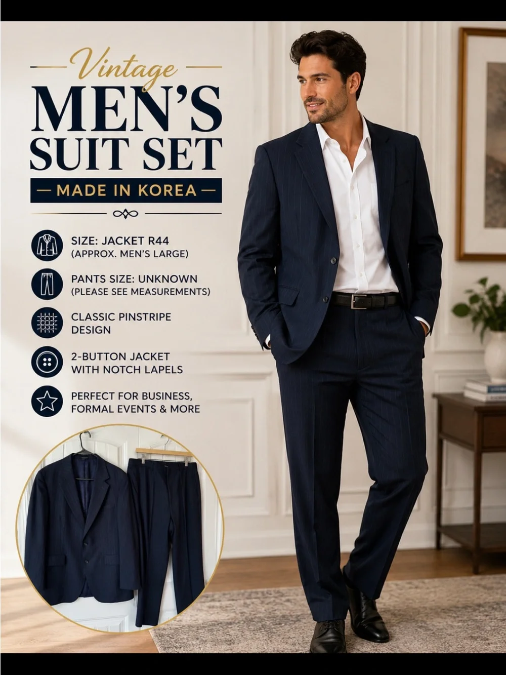 Vintage Men's Pinstripe Suit Jacket & Pants - Navy